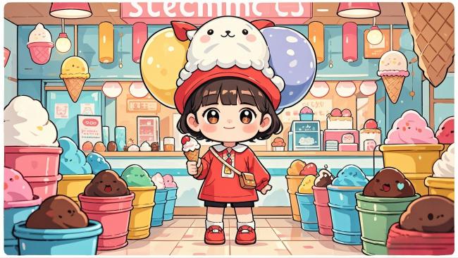 萌系动漫女孩在彩虹冰淇淋店