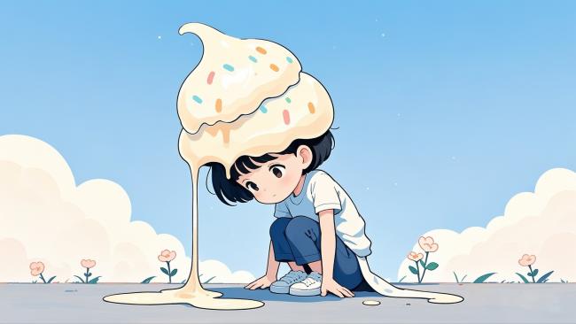 头顶冰淇淋融化的小女孩插画