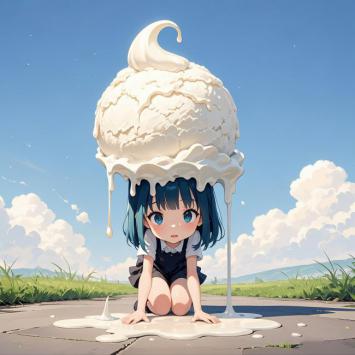 蓝发少女头顶冰淇淋的梦幻动漫场景
