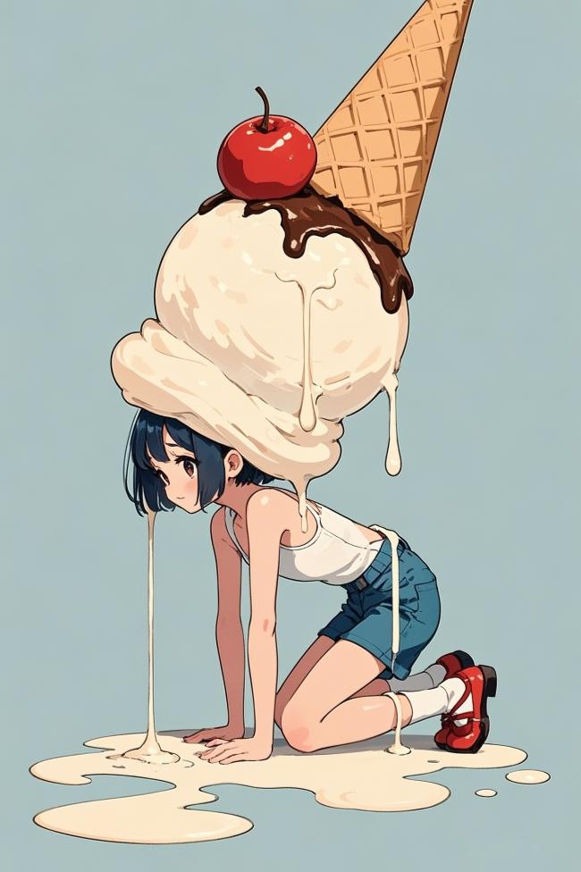 蓝发少女顶着巨型冰淇淋，萌系动漫风治愈画面