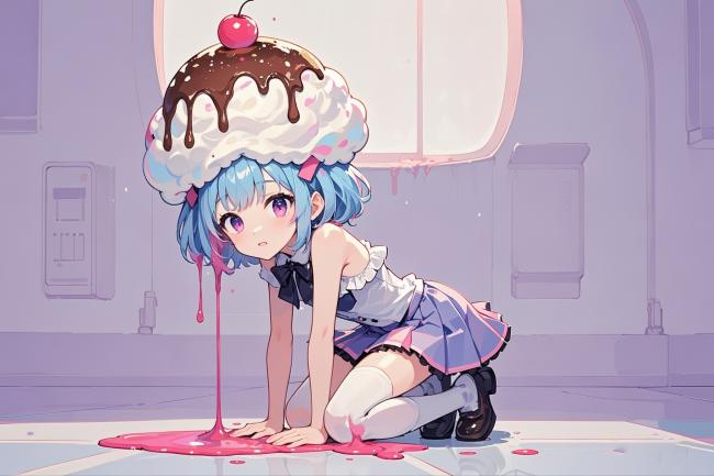 蓝发少女头顶冰淇淋甜点的二次元插画