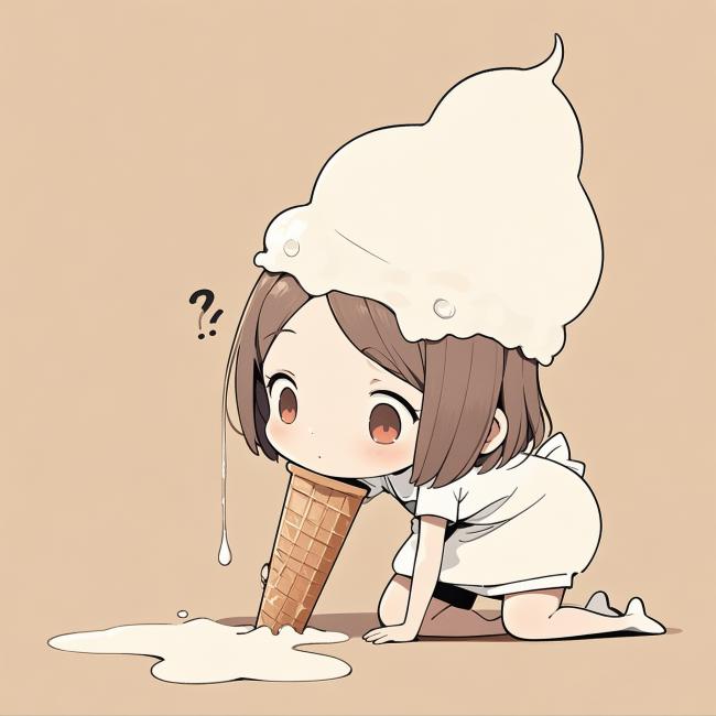 Q版少女头顶冰淇淋甜筒的可爱插画