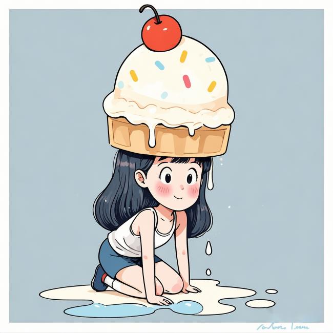 头顶冰淇淋的可爱少女插画