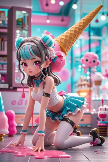 甜心少女顶冰激凌，梦幻糖果店3D插画
