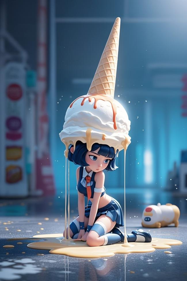 蓝发少女顶冰淇淋街头跪坐插画