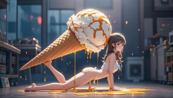 动漫少女撑巨型冰淇淋甜筒，甜腻梦幻场景