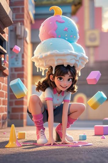 甜品女孩3D卡通街景插画