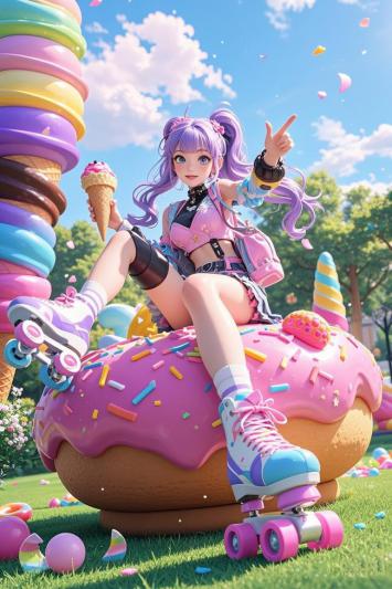 甜系少女坐甜甜圈轮滑，彩虹冰淇淋塔背景梦幻场景