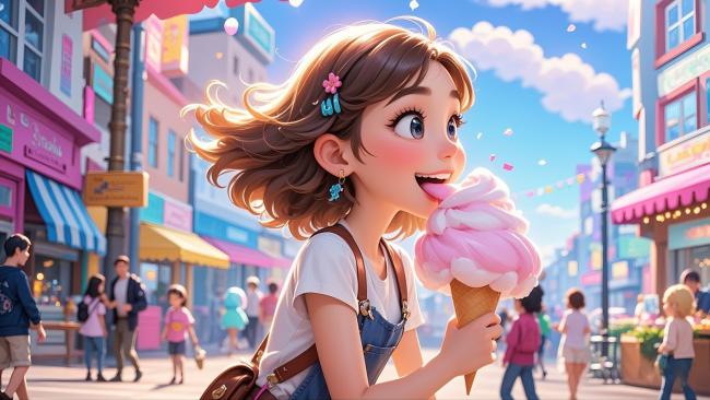 动漫少女街头吃冰淇淋插画