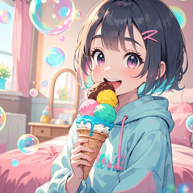 动漫少女吃冰淇淋的梦幻卧室插画