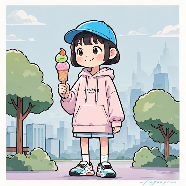 二次元少女手持冰淇淋城市公园插画