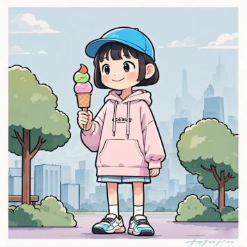 二次元少女手持冰淇淋城市公园插画