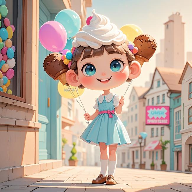 甜心女孩手捧冰淇淋与气球的童话街景