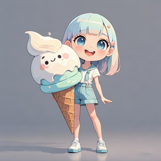 蓝发少女抱萌系冰淇淋，二次元立绘风超可爱