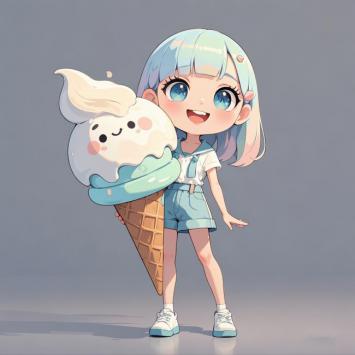 蓝发少女抱萌系冰淇淋，二次元立绘风超可爱