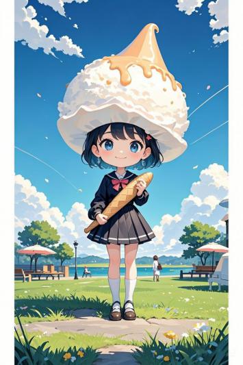 动漫少女头顶冰淇淋帽的夏日公园场景