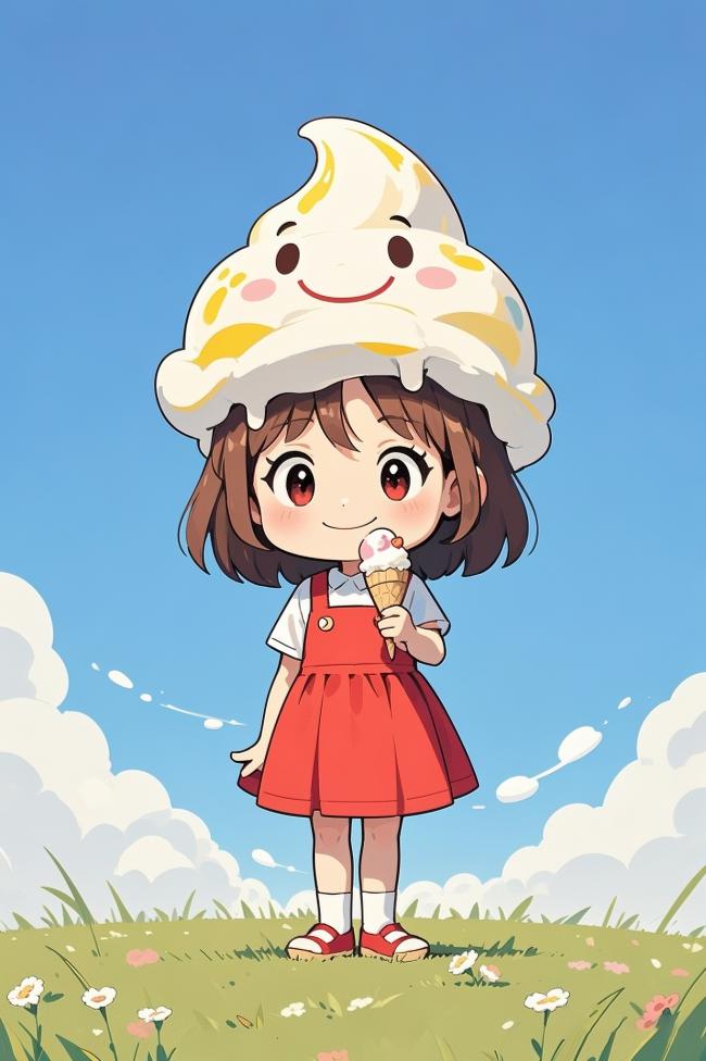 动漫少女戴冰淇淋帽吃冰激凌