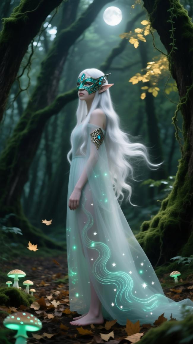 月光森林中的精灵少女，星光长裙梦幻唯美