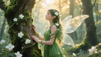 森林精灵晨光写真：绿裙藤花与透明翅膀