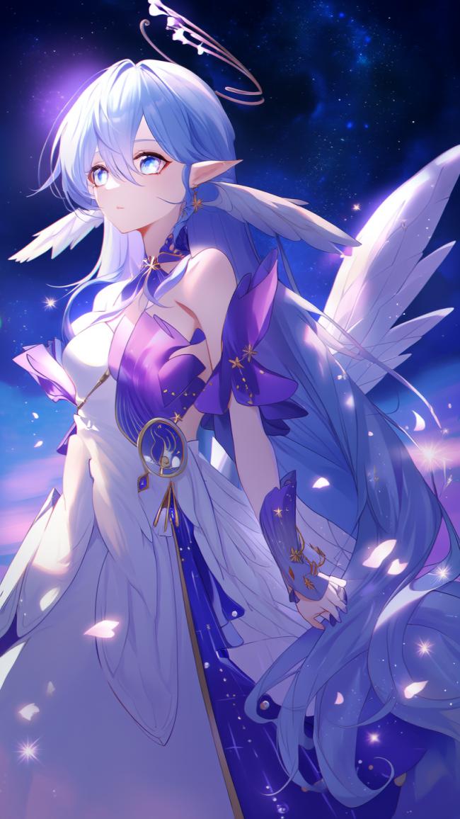 蓝发天使少女星空幻想插画