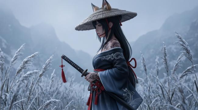 雪中持剑古风女武士立绘